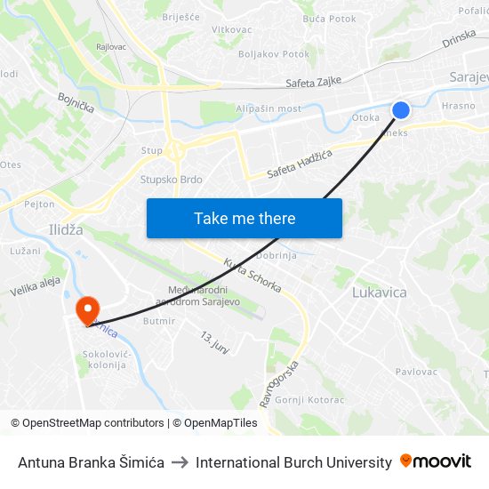 Antuna Branka Šimića to International Burch University map
