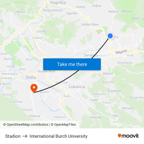 Stadion to International Burch University map
