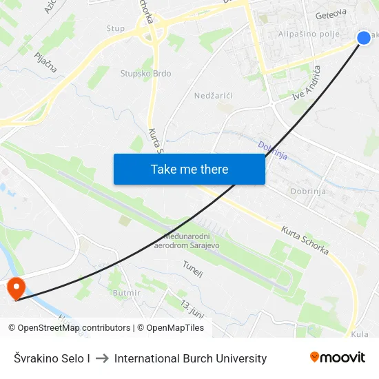 Švrakino Selo I to International Burch University map