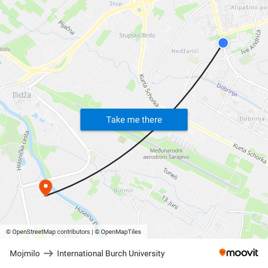 Mojmilo to International Burch University map