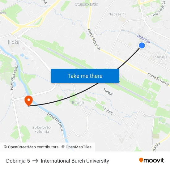 Dobrinja 5 to International Burch University map