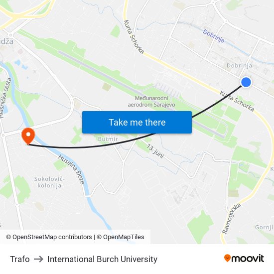 Trafo to International Burch University map