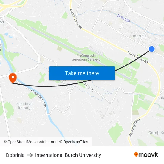 Dobrinja to International Burch University map