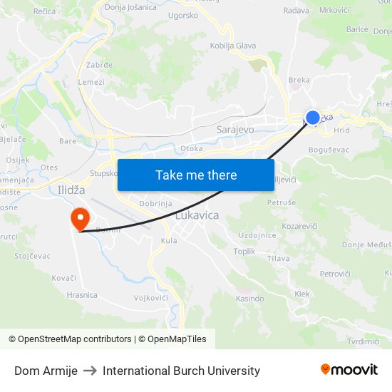 Dom Armije to International Burch University map