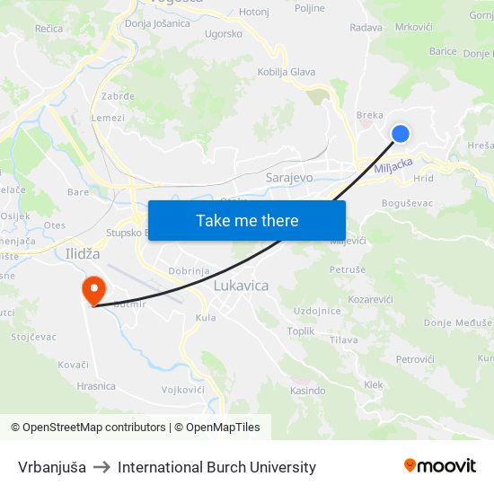 Vrbanjuša to International Burch University map