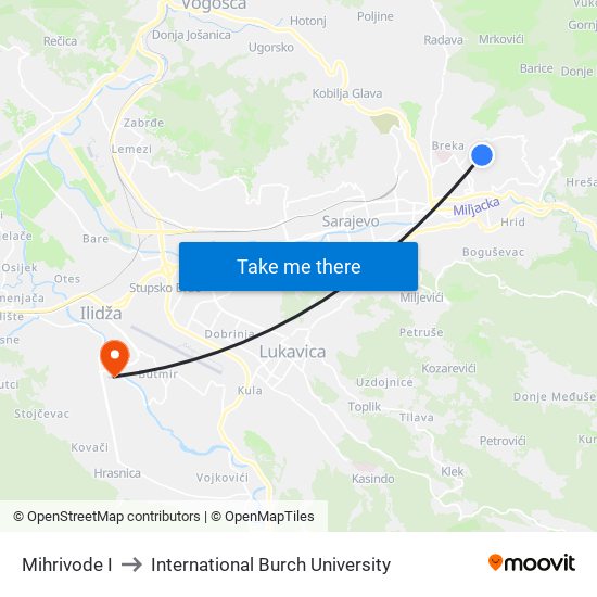 Mihrivode I to International Burch University map