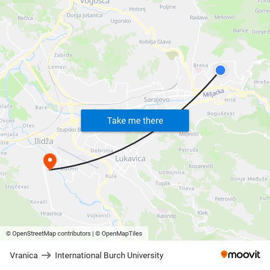 Vranica to International Burch University map