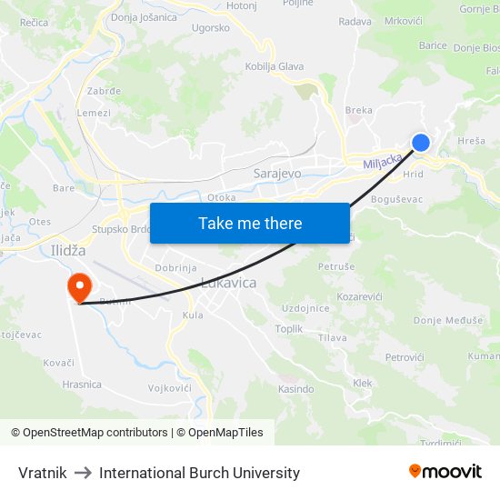 Vratnik to International Burch University map