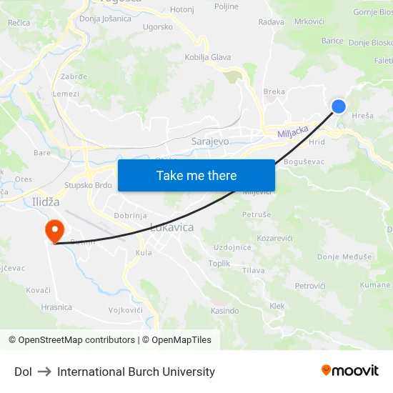 Dol to International Burch University map