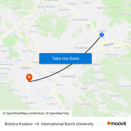 Bolnica Koševo to International Burch University map