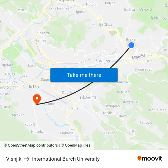 Višnjik to International Burch University map