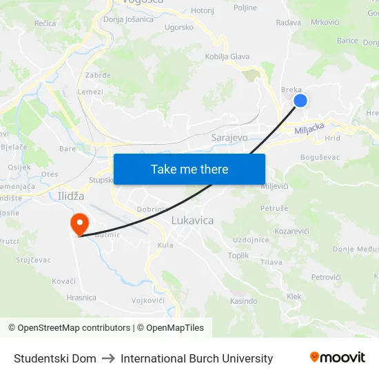 Studentski Dom to International Burch University map