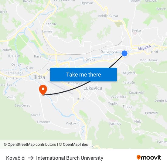 Kovačići to International Burch University map