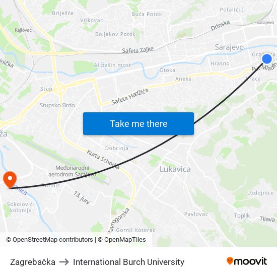Zagrebačka to International Burch University map