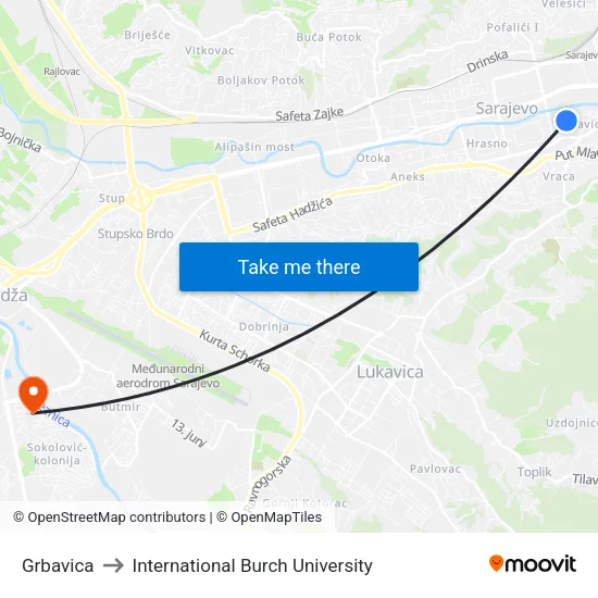 Grbavica to International Burch University map