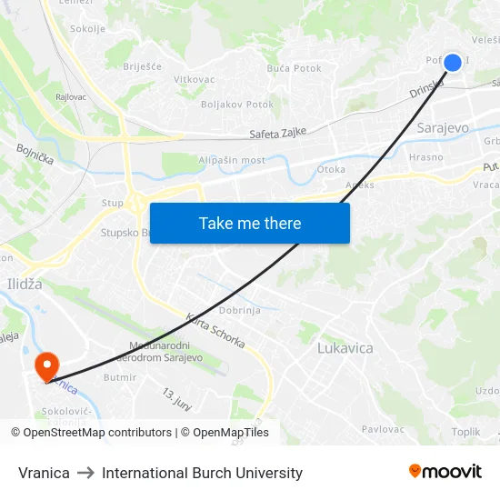 Vranica to International Burch University map