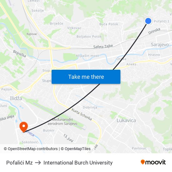 Pofalići Mz to International Burch University map