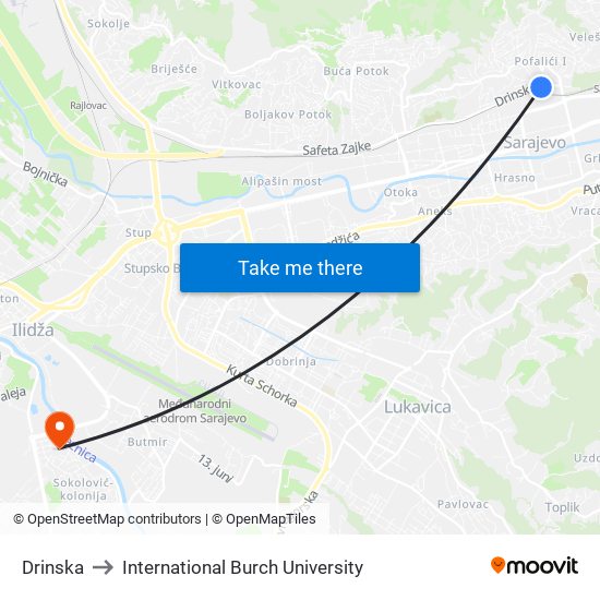Drinska to International Burch University map