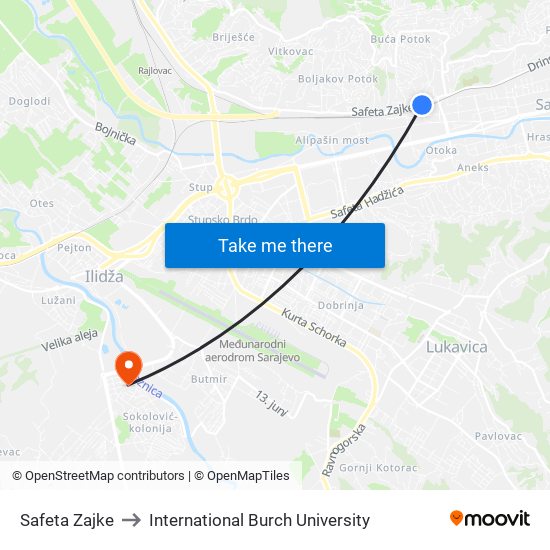 Safeta Zajke to International Burch University map