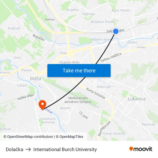 Dolačka to International Burch University map