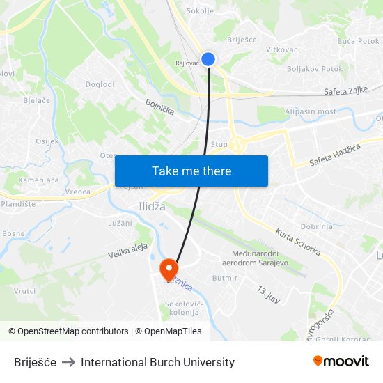 Briješće to International Burch University map