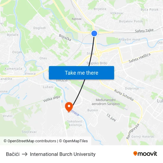 Bačići to International Burch University map