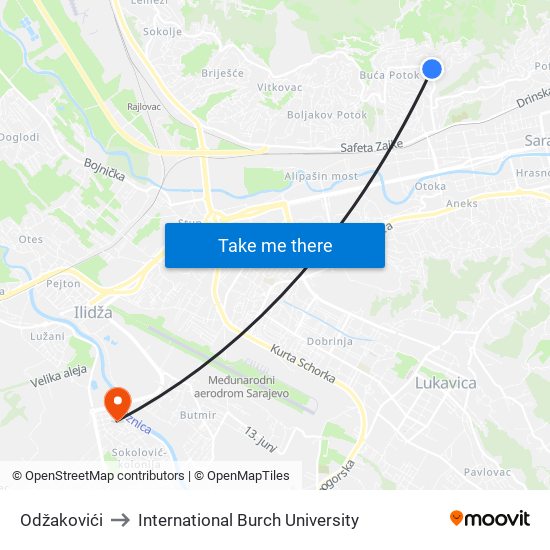 Odžakovići to International Burch University map