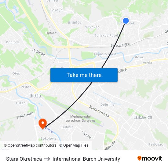 Stara Okretnica to International Burch University map
