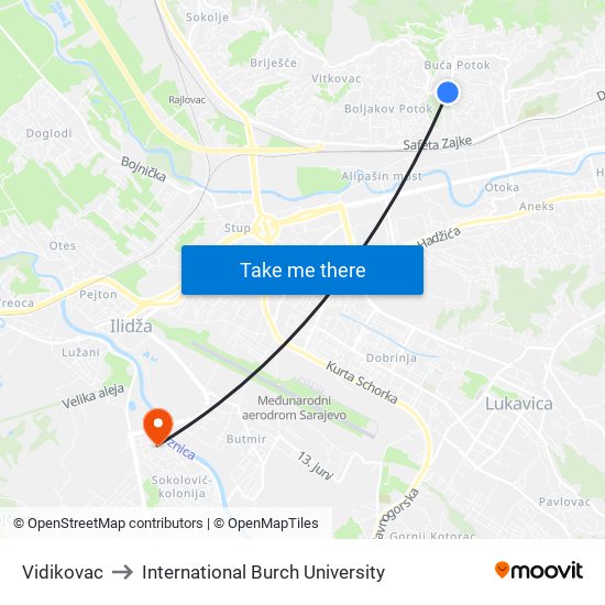 Vidikovac to International Burch University map