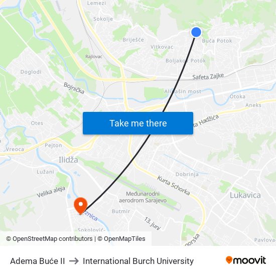 Adema Buće II to International Burch University map