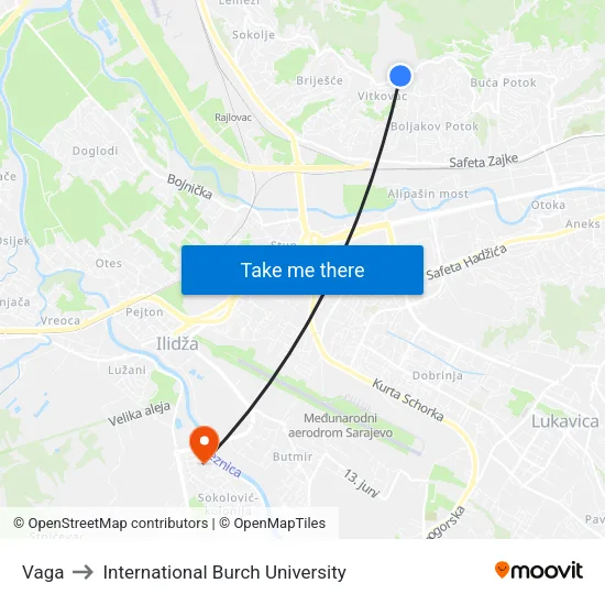 Vaga to International Burch University map