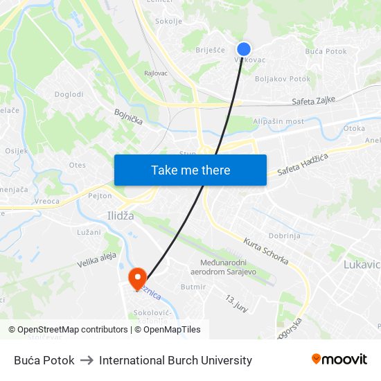 Buća Potok to International Burch University map