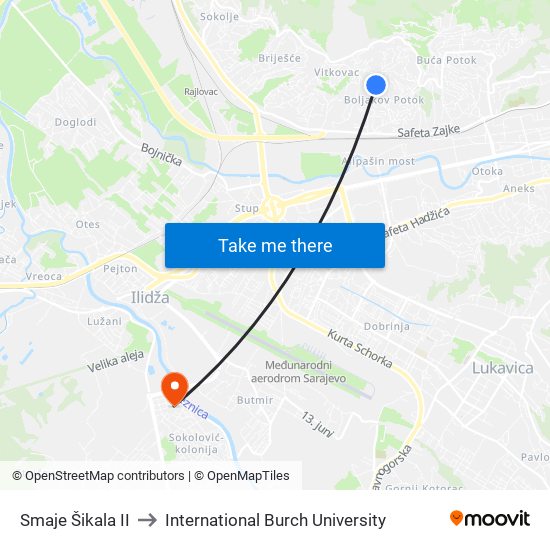 Smaje Šikala II to International Burch University map