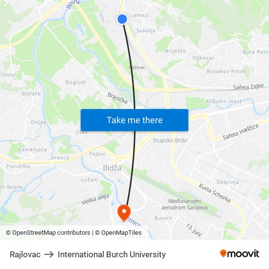 Rajlovac to International Burch University map