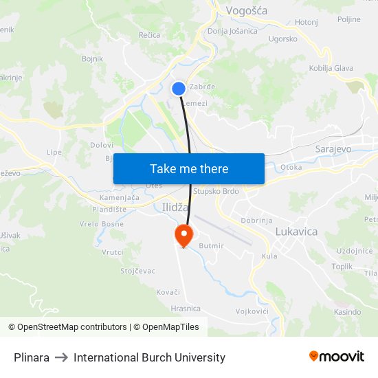 Plinara to International Burch University map