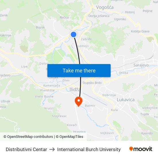 Distributivni Centar to International Burch University map