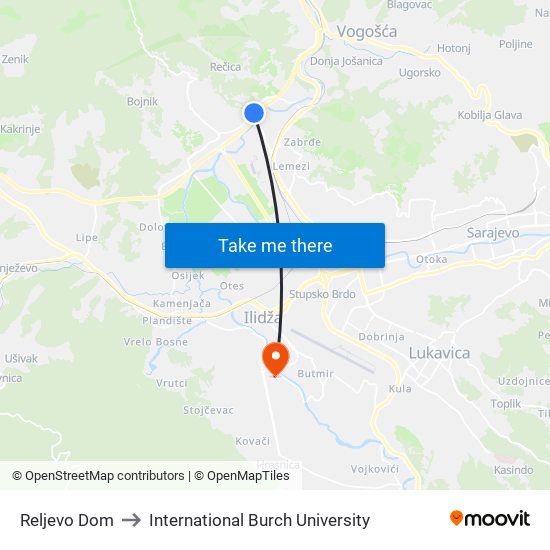 Reljevo Dom to International Burch University map