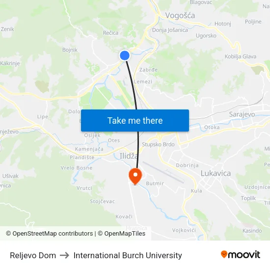 Reljevo Dom to International Burch University map