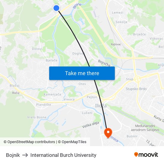 Bojnik to International Burch University map