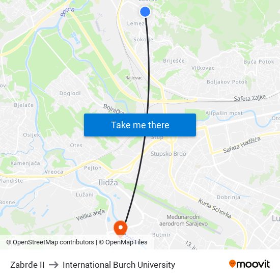 Zabrđe II to International Burch University map