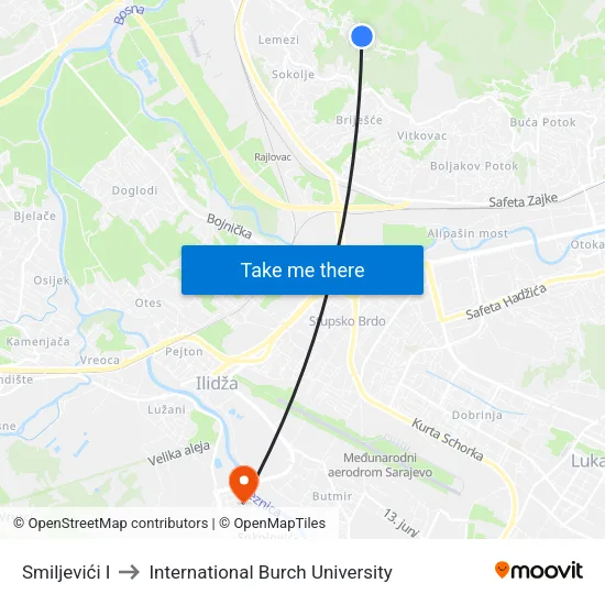 Smiljevići I to International Burch University map