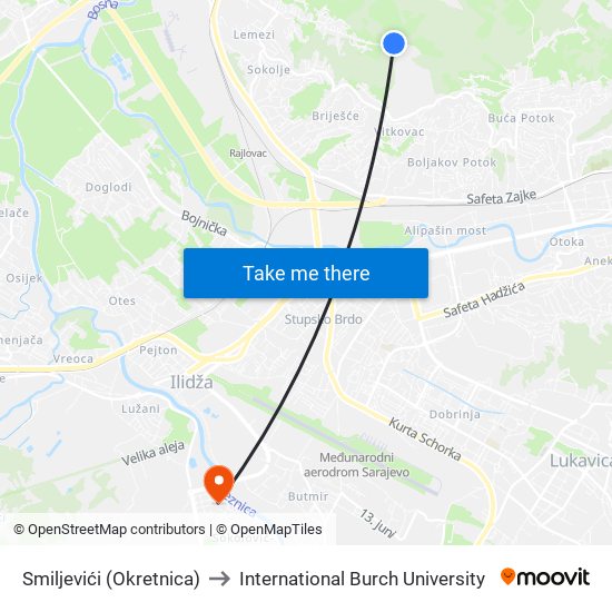 Smiljevići (Okretnica) to International Burch University map