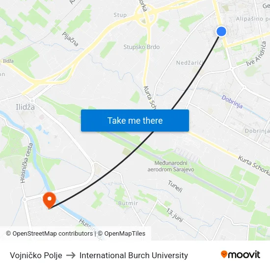 Vojničko Polje to International Burch University map