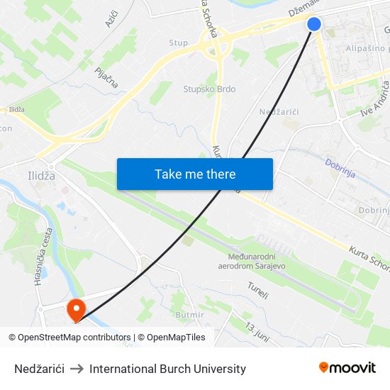 Nedžarići to International Burch University map