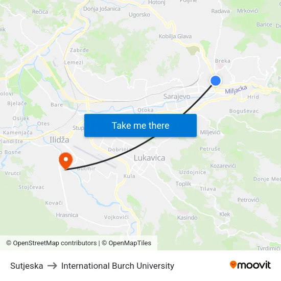 Sutjeska to International Burch University map