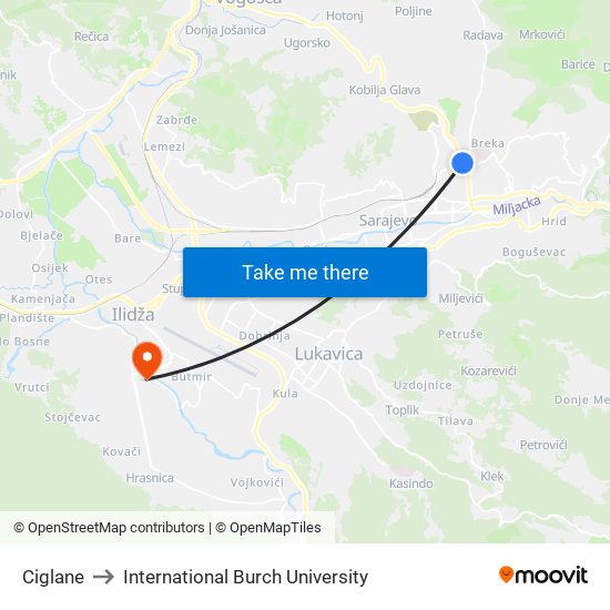 Ciglane to International Burch University map