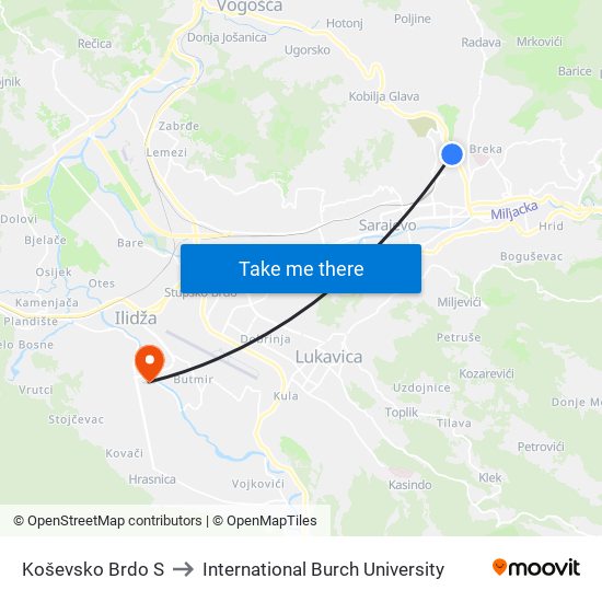 Koševsko Brdo S to International Burch University map