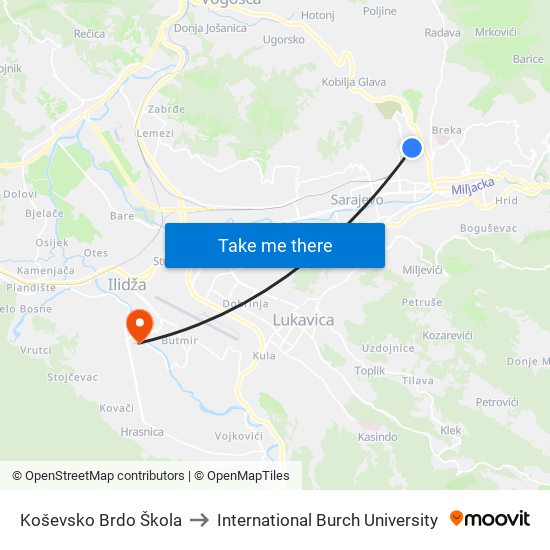 Koševsko Brdo Škola to International Burch University map
