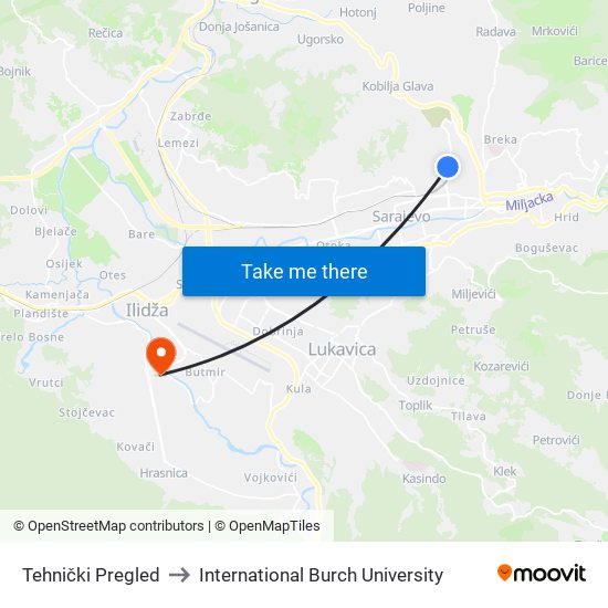 Tehnički Pregled to International Burch University map
