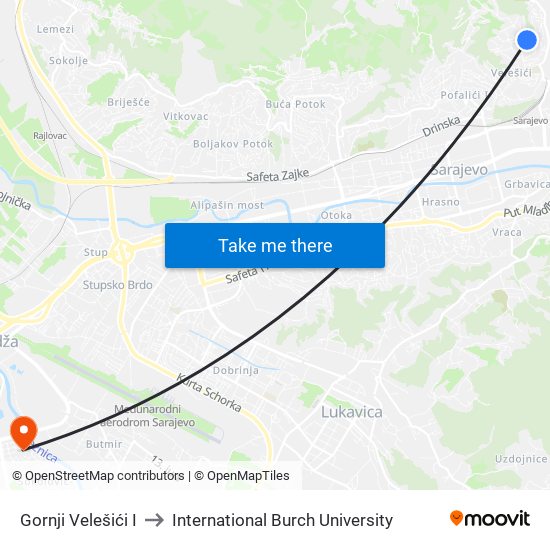 Gornji Velešići I to International Burch University map